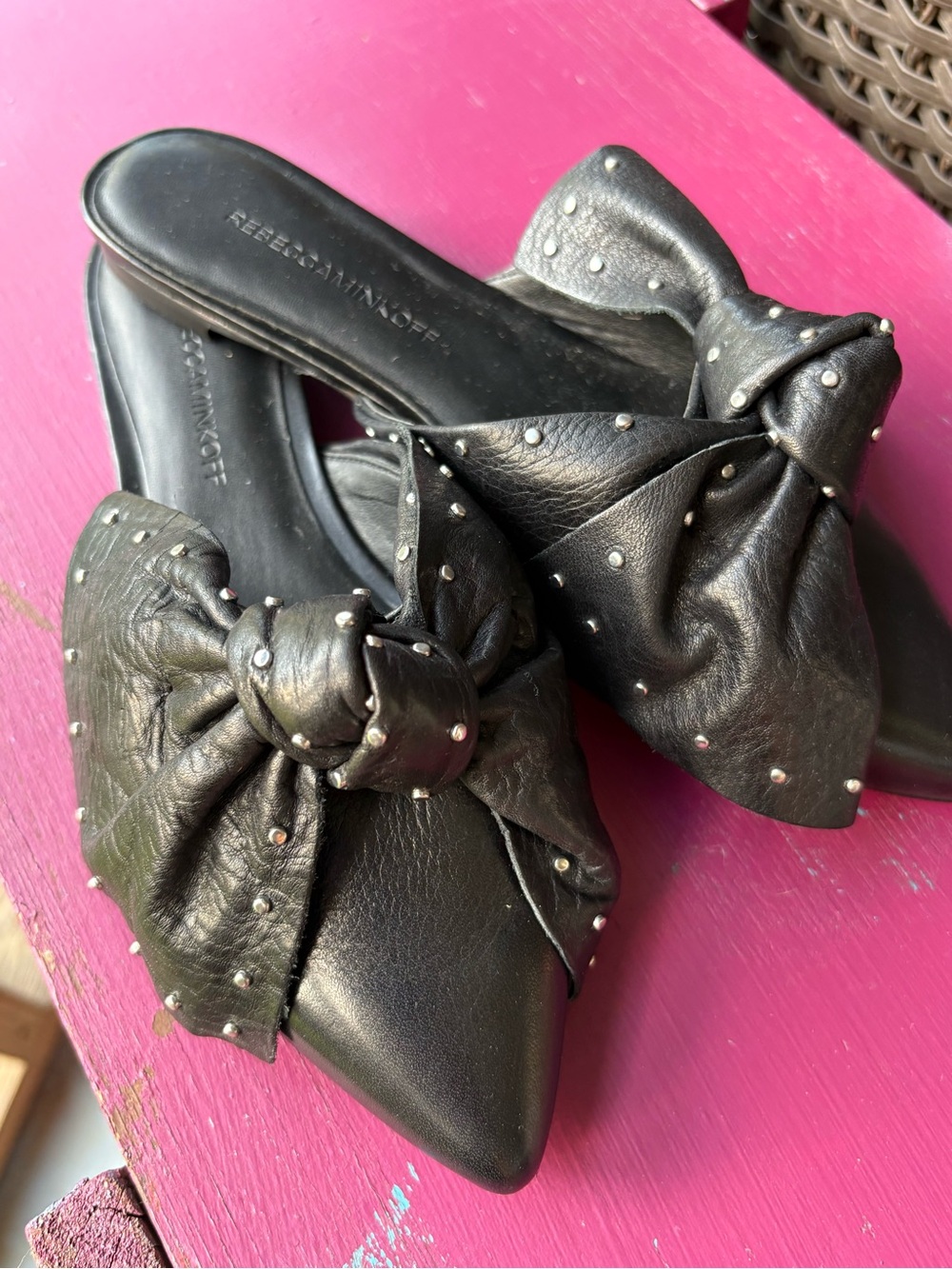 Rebecca Minkoff Black Knotted Studded Leather Mule Flats